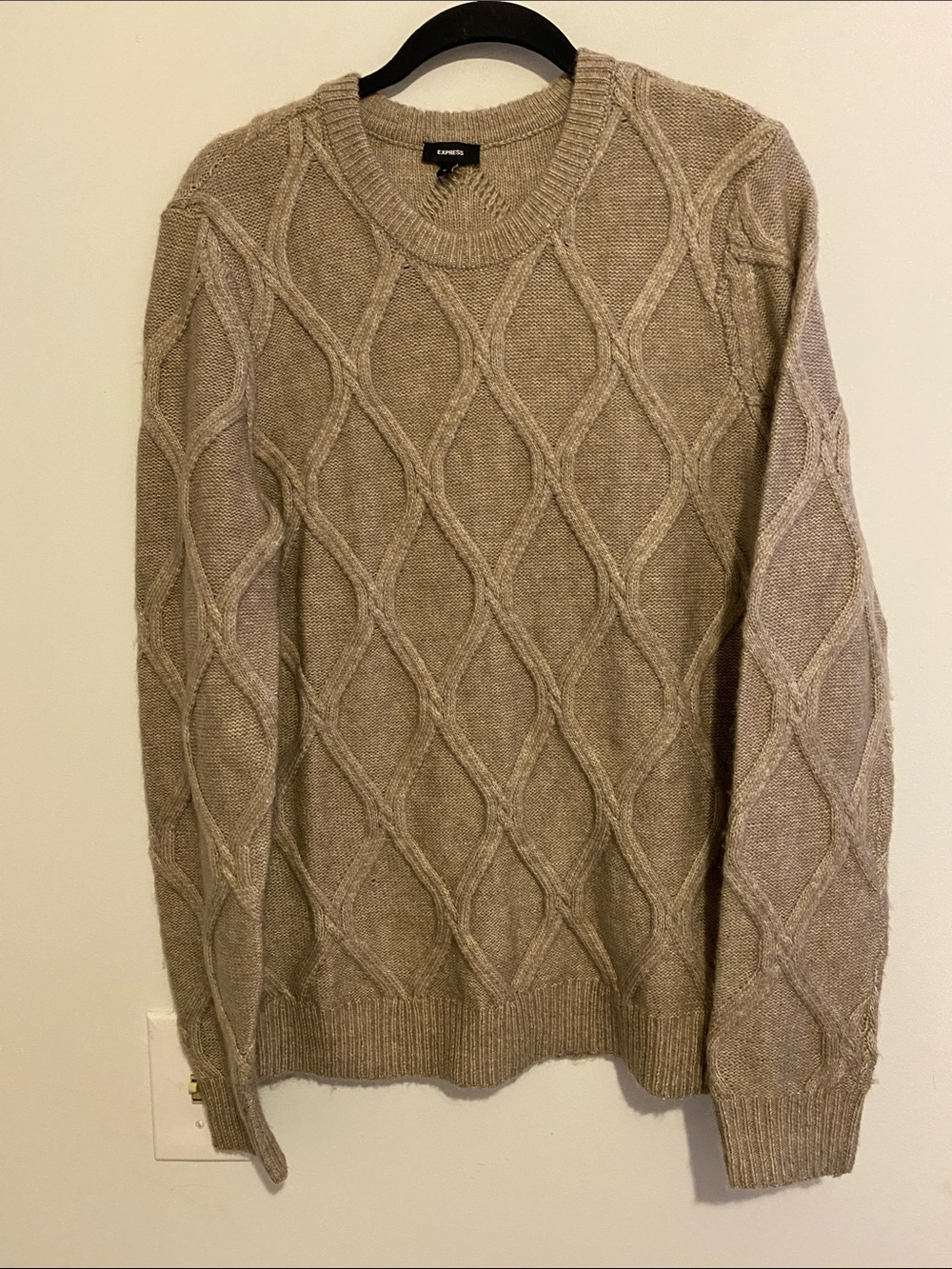 Express Women's Taupe Cable Knit Crewneck Sweater